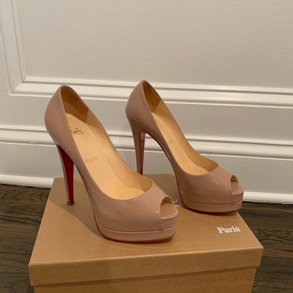 Christian Louboutin nude patent peep toe heels 37